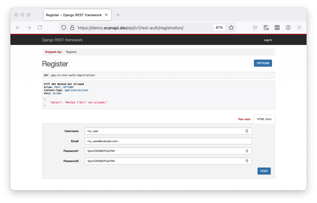 User registration form.